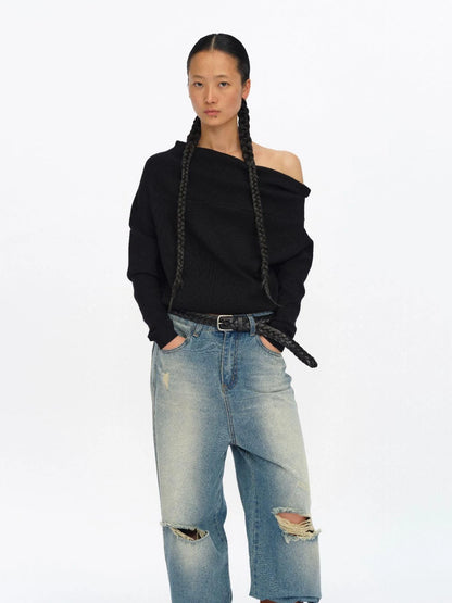 Soft Sculpted Draped Asymmetrical Knit Sweater