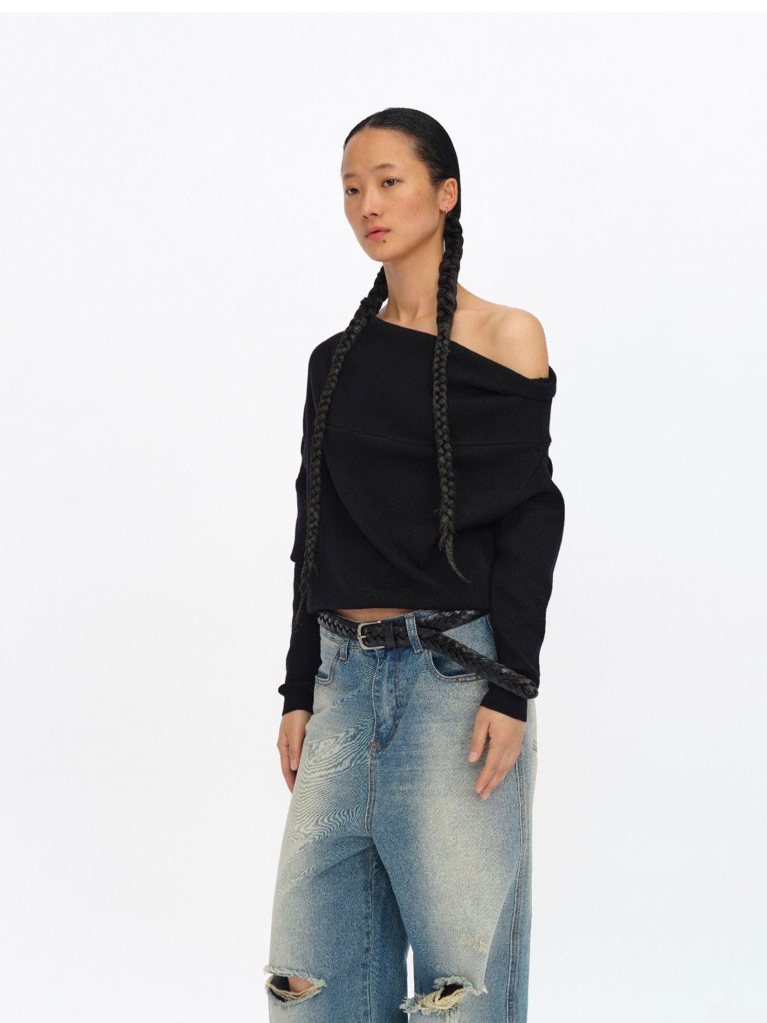 oinimi Soft Sculpted Draped Asymmetrical Knit Sweater