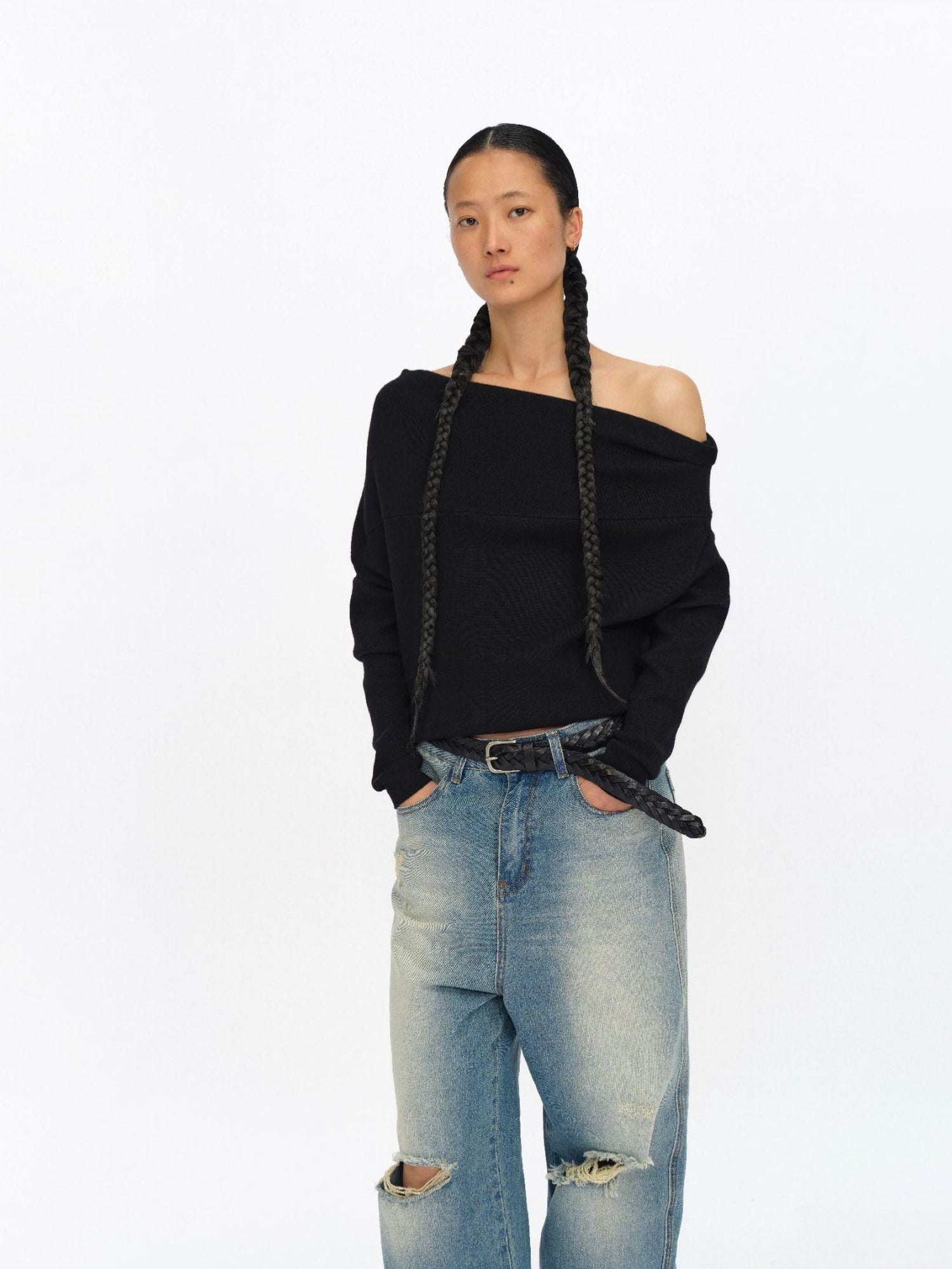 oinimi Soft Sculpted Draped Asymmetrical Knit Sweater