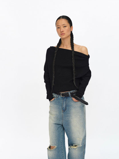 oinimi Soft Sculpted Draped Asymmetrical Knit Sweater
