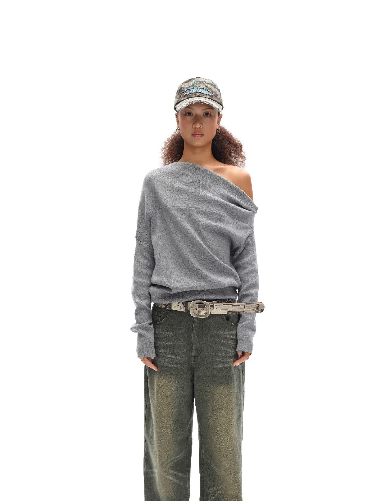 oinimi Soft Sculpted Draped Asymmetrical Knit Sweater