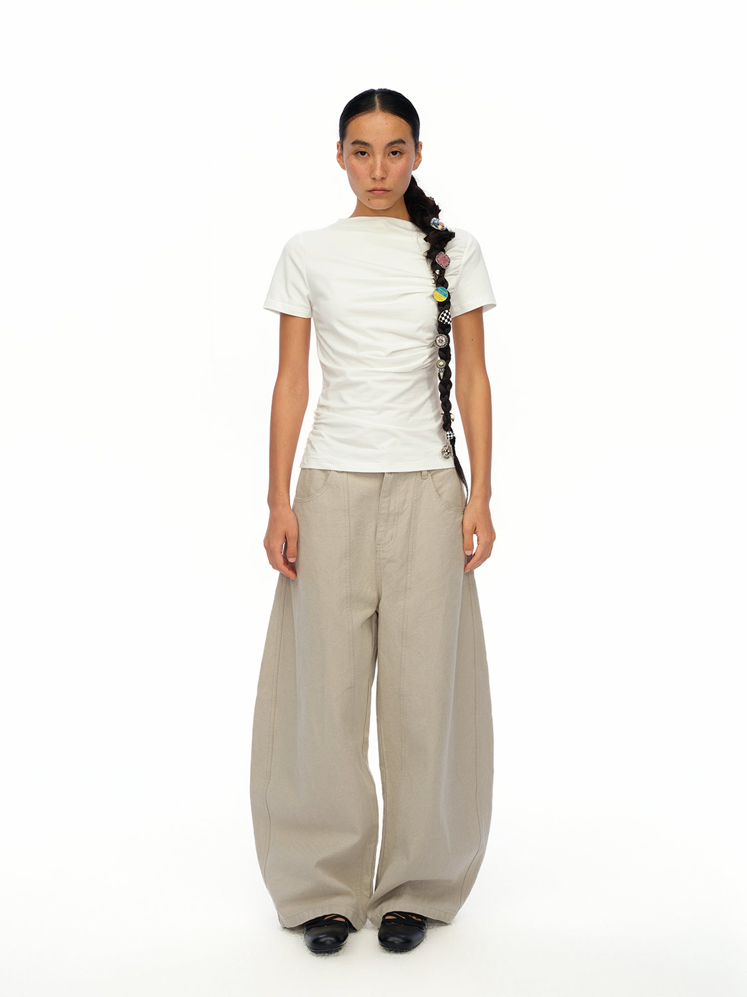 oinimi Soft Sculpted Pleated Tee Fitted Waist