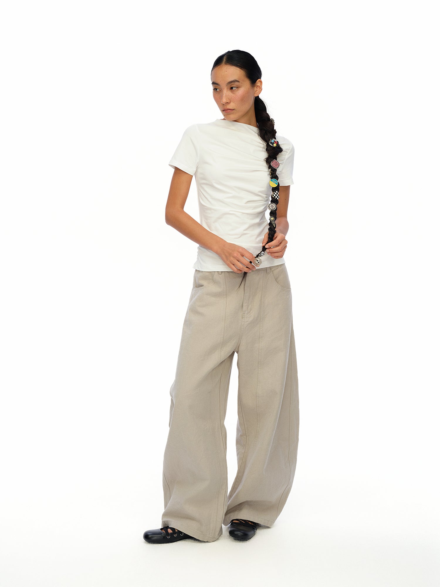 oinimi Soft Sculpted Pleated Tee Fitted Waist