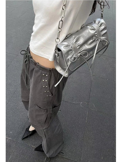 Soft Sculpture Pleated Butterfly Knot Cambridge Bag Silver Black