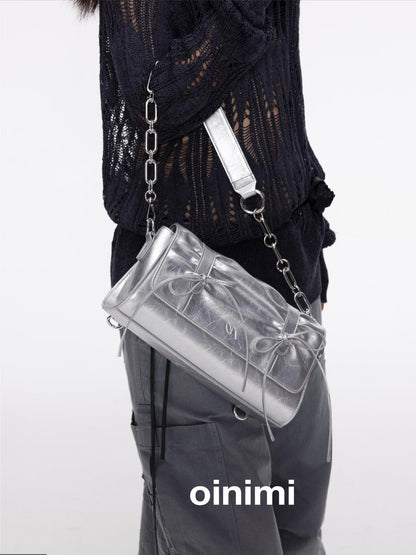 oinimi Soft Sculpture Pleated Butterfly Knot Cambridge Bag Silver Black