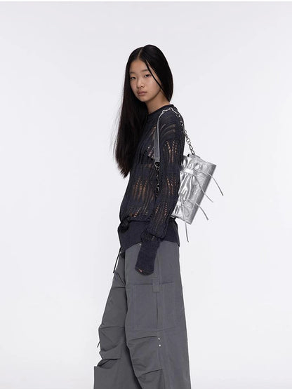 Soft Sculpture Pleated Butterfly Knot Cambridge Bag Silver Black