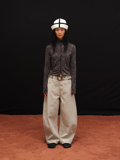 oinimi Soft Warm Slim Fit Leopard Print Zip Up Stand Collar Women Brown Cardigans