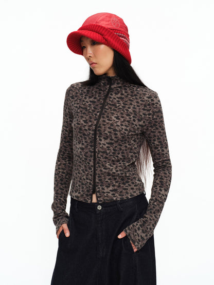 oinimi Soft Warm Slim Fit Leopard Print Zip Up Stand Collar Women Brown Cardigans