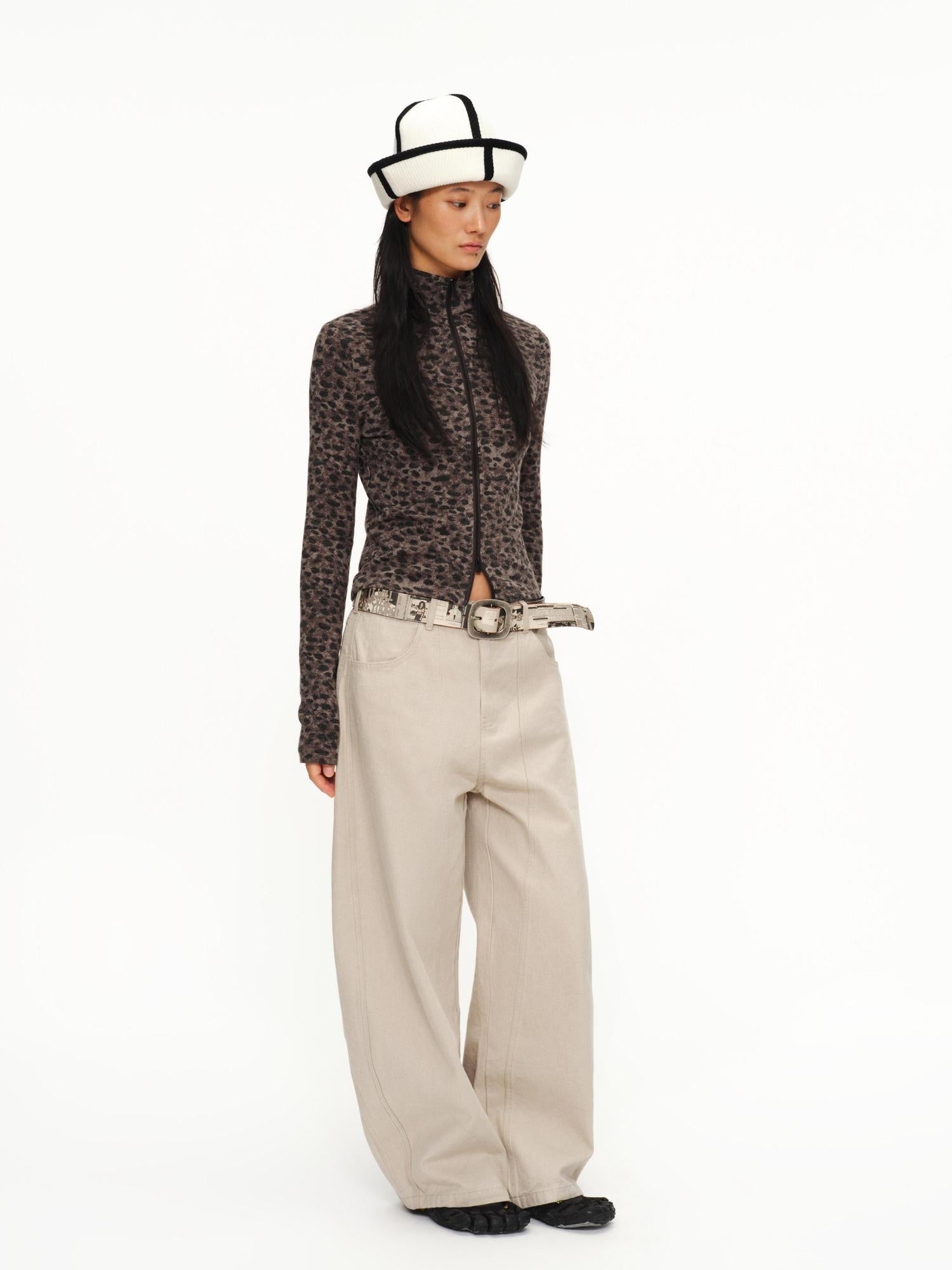 oinimi Soft Warm Slim Fit Leopard Print Zip Up Stand Collar Women Brown Cardigans