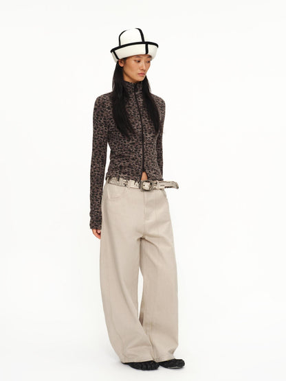 oinimi Soft Warm Slim Fit Leopard Print Zip Up Stand Collar Women Brown Cardigans