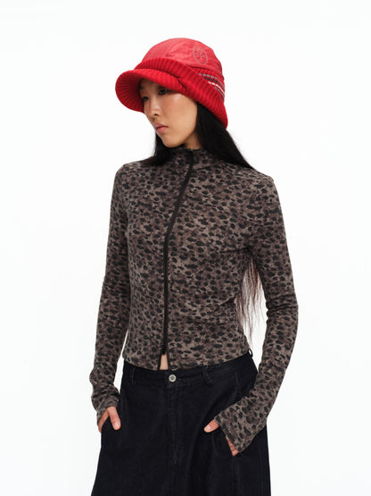 oinimi Soft Warm Slim Fit Leopard Print Zip Up Stand Collar Women Brown Cardigans