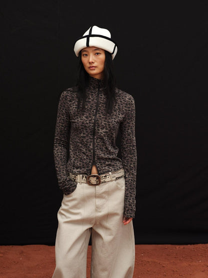 oinimi Soft Warm Slim Fit Leopard Print Zip Up Stand Collar Women Brown Cardigans