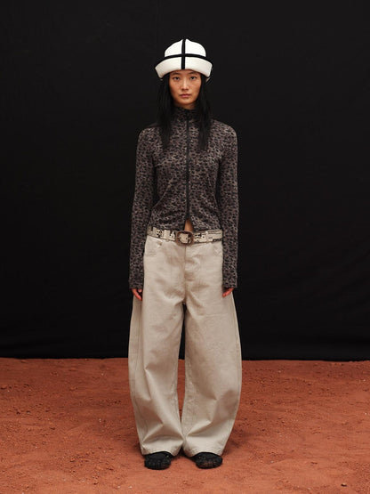 oinimi Soft Warm Slim Fit Leopard Print Zip Up Stand Collar Women Brown Cardigans