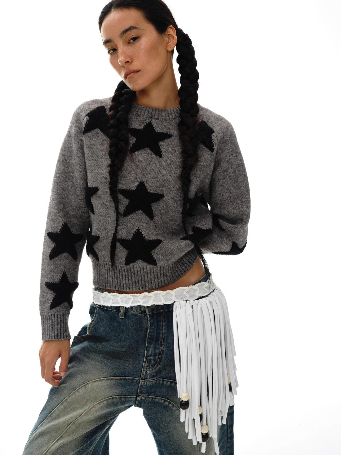 oinimi Stars Pattern Textured Jacquard Knit Sweater