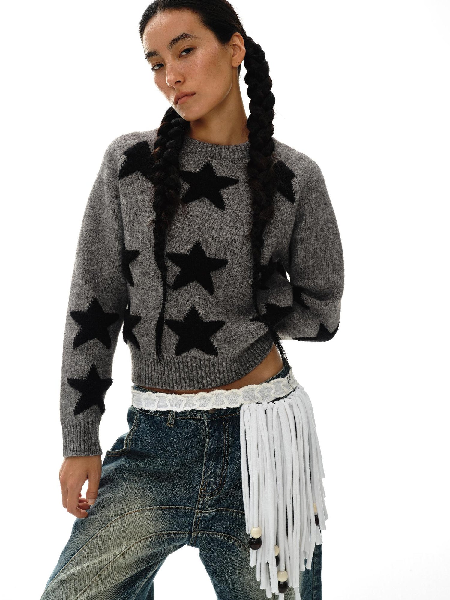 oinimi Stars Pattern Textured Jacquard Knit Sweater