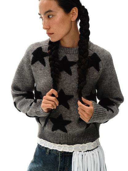oinimi Stars Pattern Textured Jacquard Knit Sweater