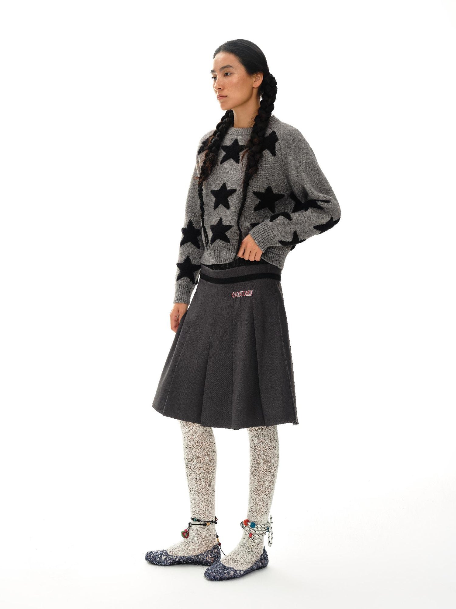 oinimi Stars Pattern Textured Jacquard Knit Sweater