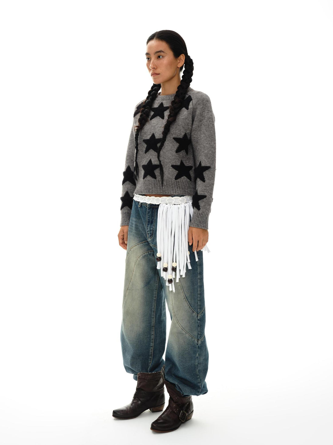 oinimi Stars Pattern Textured Jacquard Knit Sweater