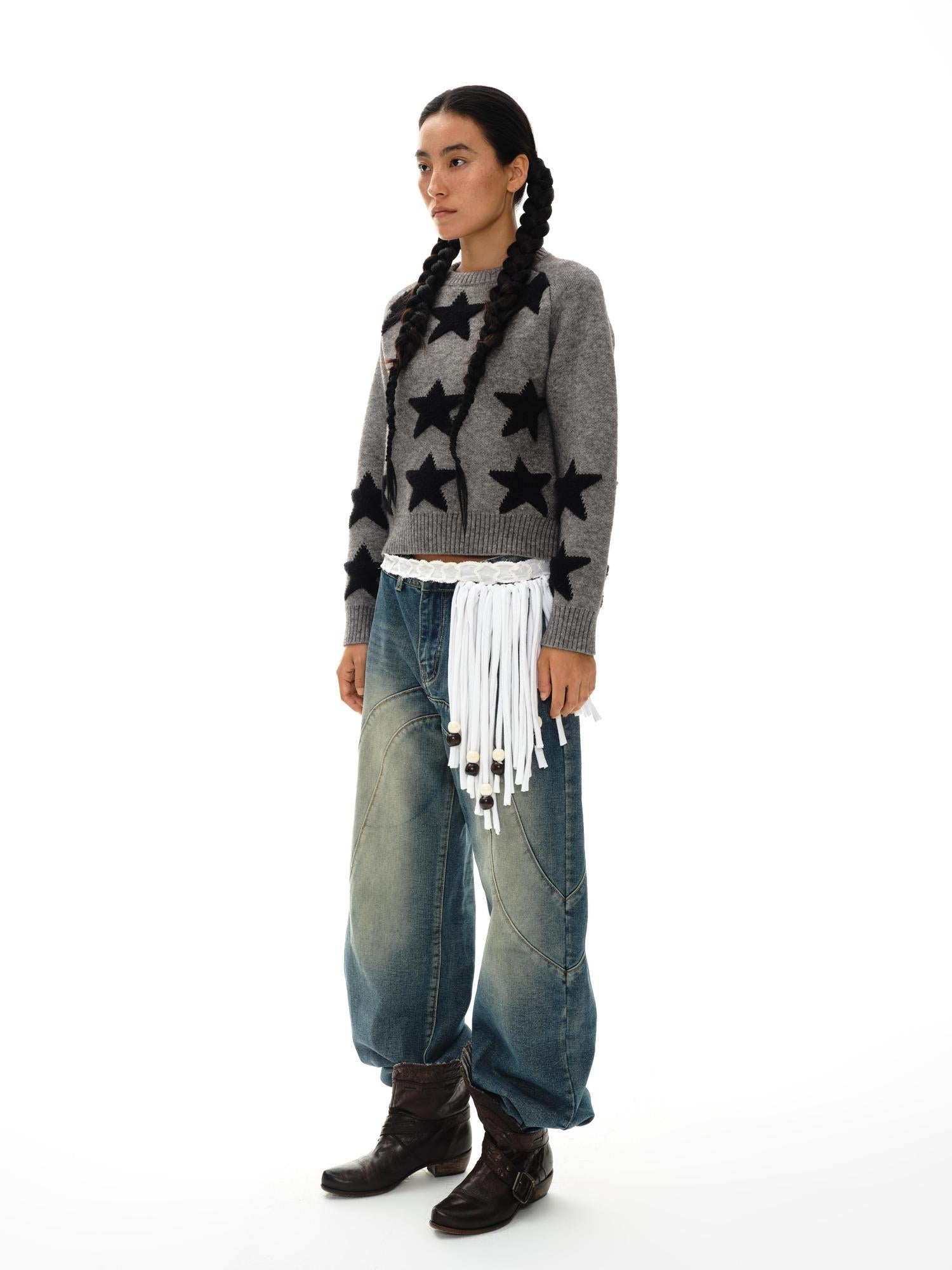 oinimi Stars Pattern Textured Jacquard Knit Sweater