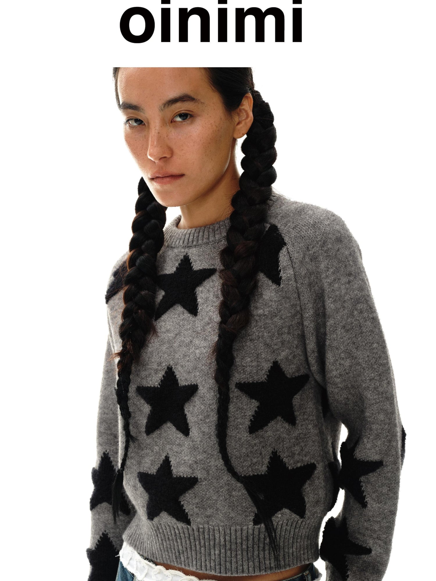 oinimi Stars Pattern Textured Jacquard Knit Sweater