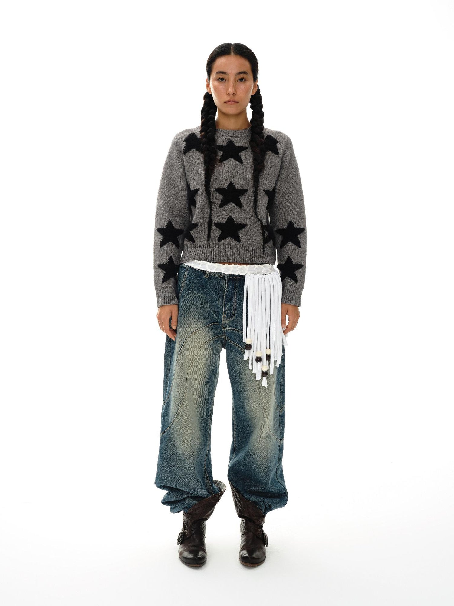 oinimi Stars Pattern Textured Jacquard Knit Sweater