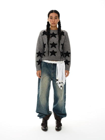 oinimi Stars Pattern Textured Jacquard Knit Sweater