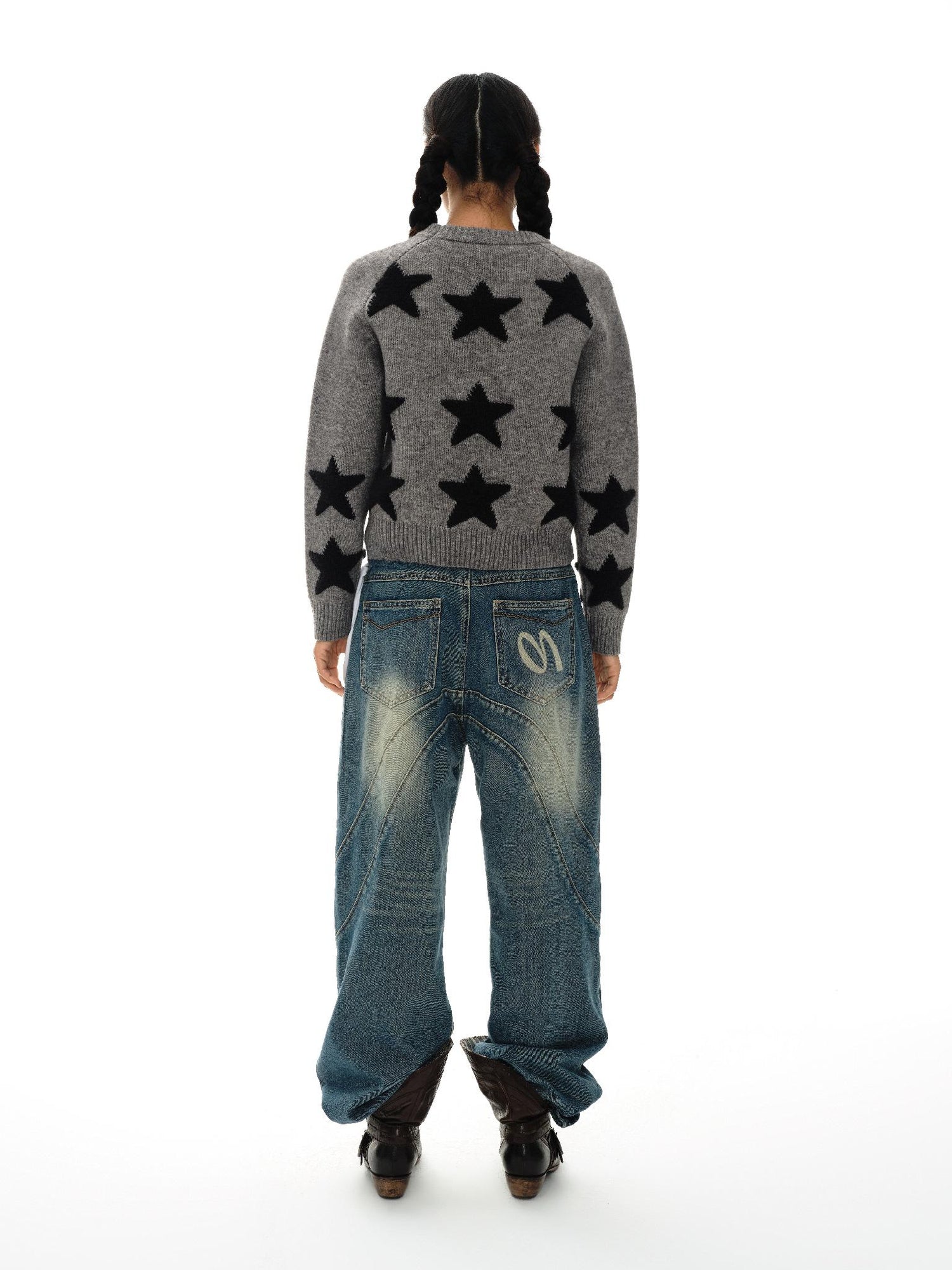 oinimi Stars Pattern Textured Jacquard Knit Sweater