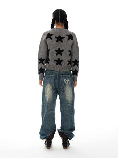 oinimi Stars Pattern Textured Jacquard Knit Sweater