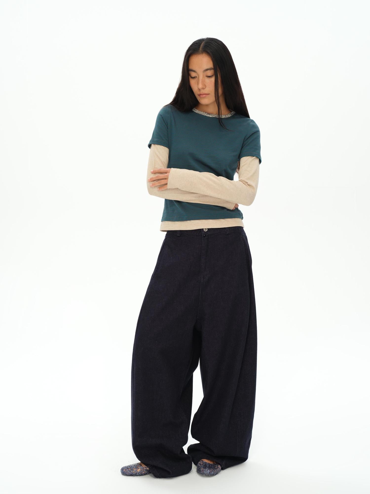 oinimi Striped Blue Apricot Contrast Collar Layered Tee