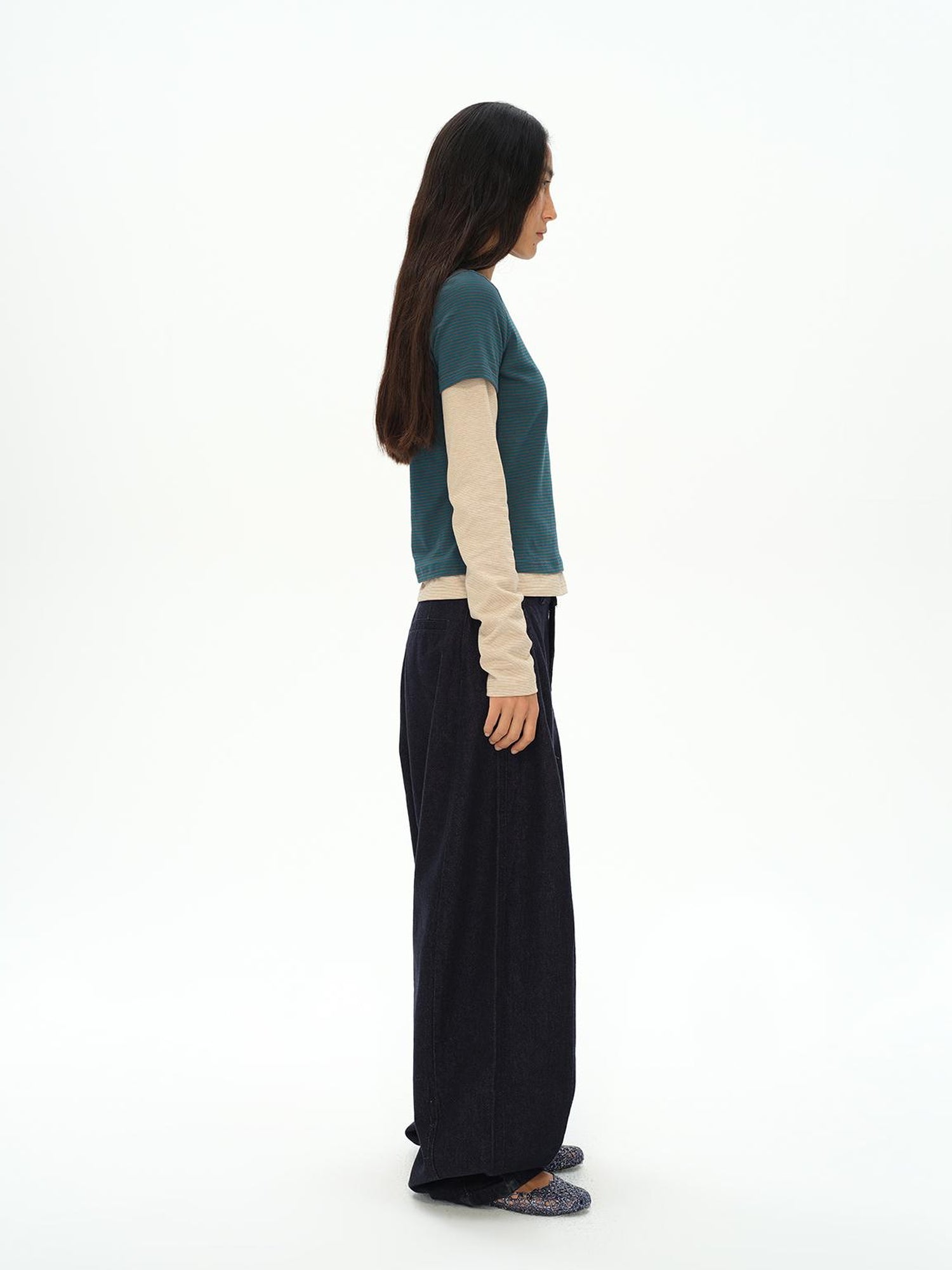 oinimi Striped Blue Apricot Contrast Collar Layered Tee