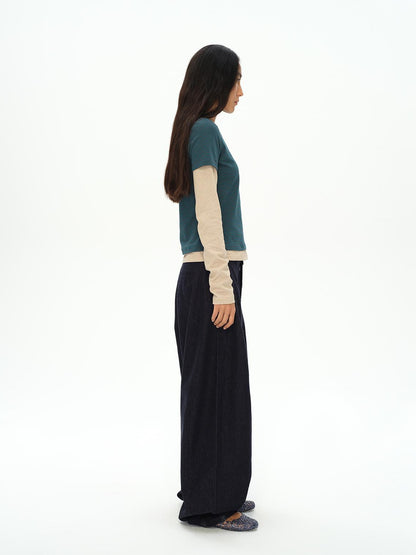 oinimi Striped Blue Apricot Contrast Collar Layered Tee