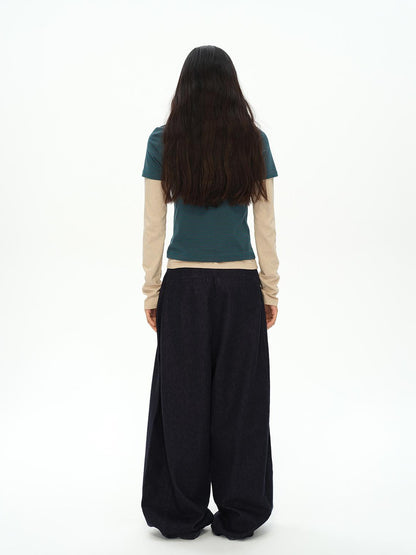 oinimi Striped Blue Apricot Contrast Collar Layered Tee