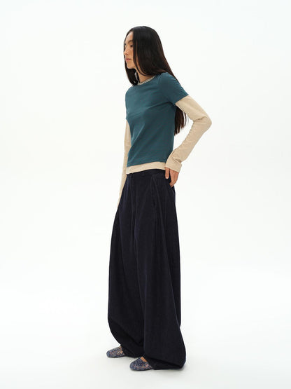 oinimi Striped Blue Apricot Contrast Collar Layered Tee