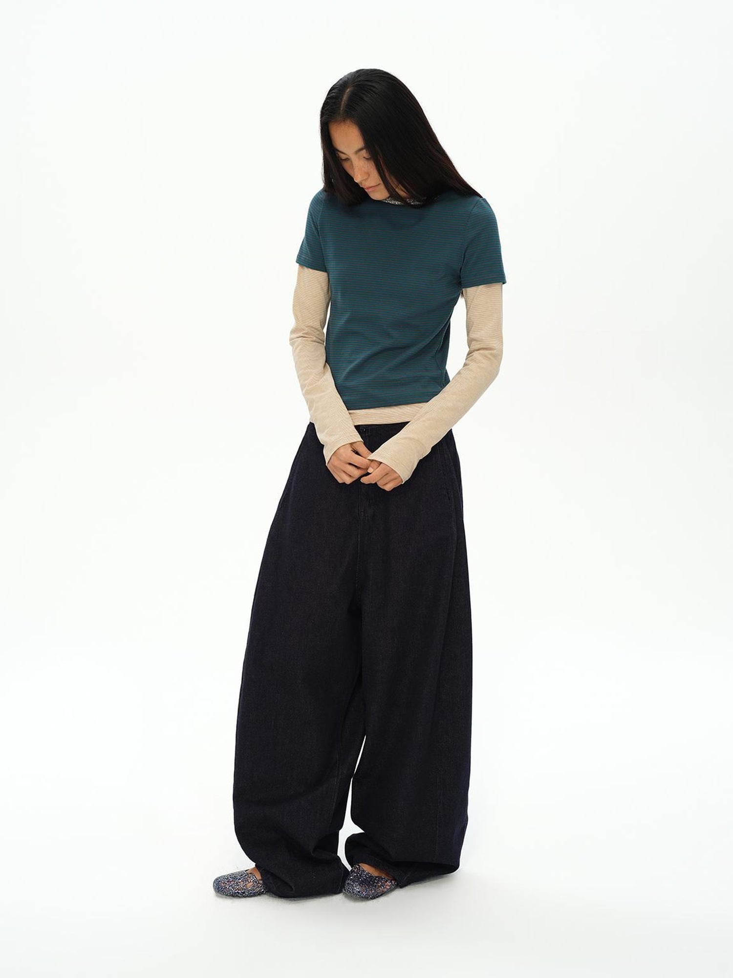 oinimi Striped Blue Apricot Contrast Collar Layered Tee