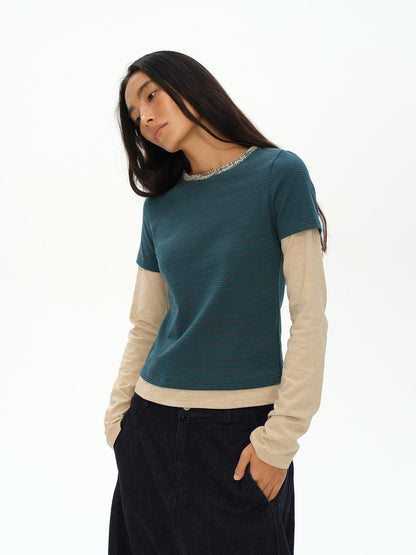 oinimi Striped Blue Apricot Contrast Collar Layered Tee