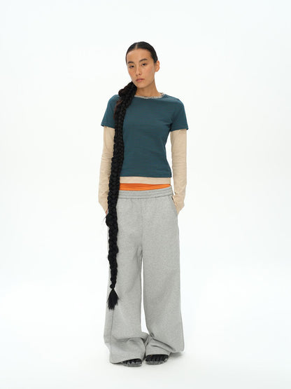 oinimi Striped Blue Apricot Contrast Collar Layered Tee