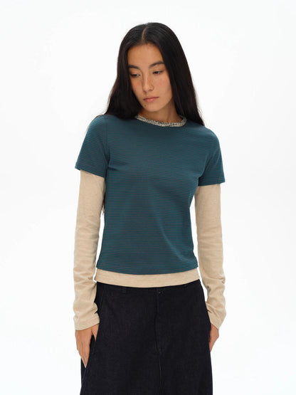oinimi Striped Blue Apricot Contrast Collar Layered Tee
