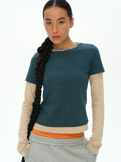 oinimi Striped Blue Apricot Contrast Collar Layered Tee