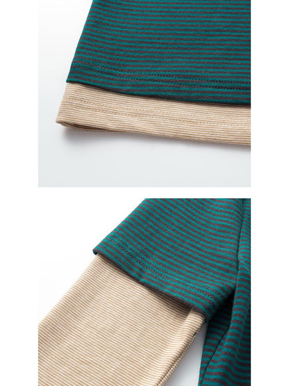 oinimi Striped Blue Apricot Contrast Collar Layered Tee