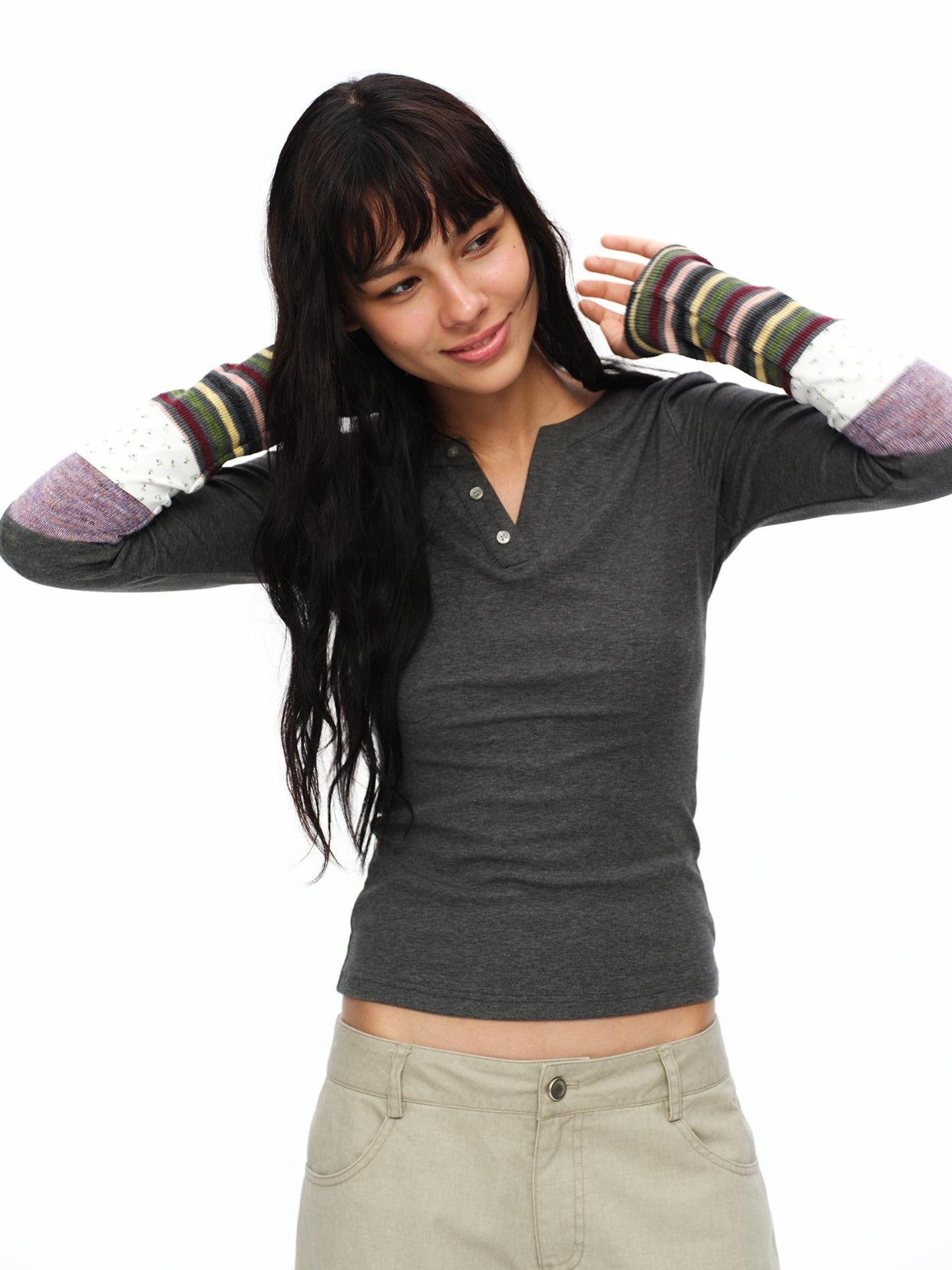 oinimi Striped Floral Patchwork Ruched Sleeves Women&