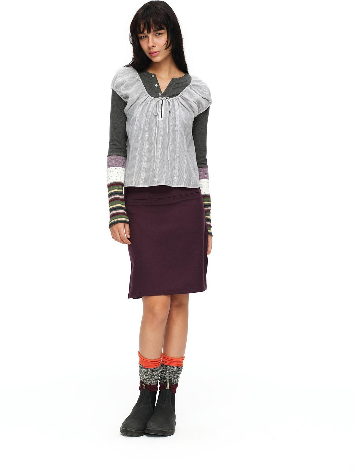 oinimi Striped Floral Patchwork Ruched Sleeves Women&