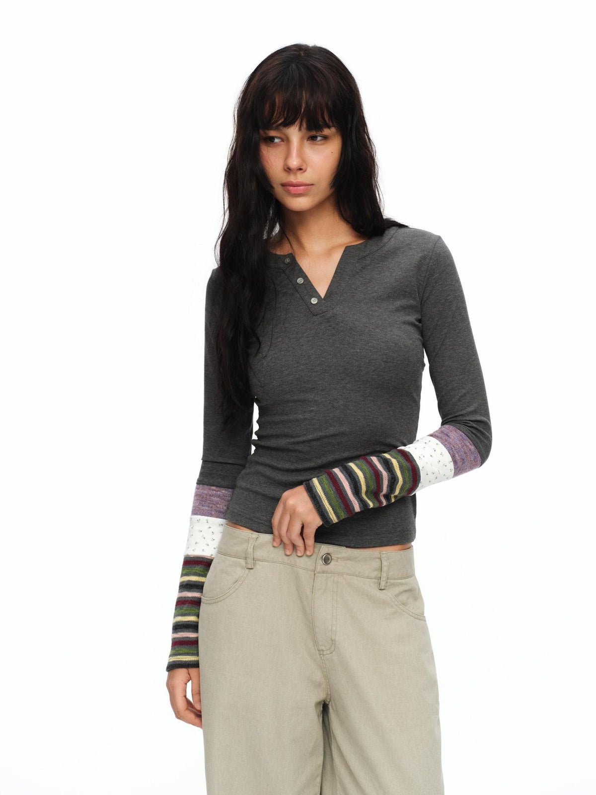 oinimi Striped Floral Patchwork Ruched Sleeves Women&