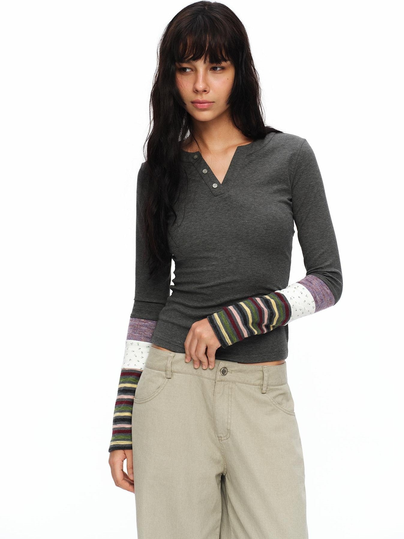 oinimi Striped Floral Patchwork Ruched Sleeves Women&