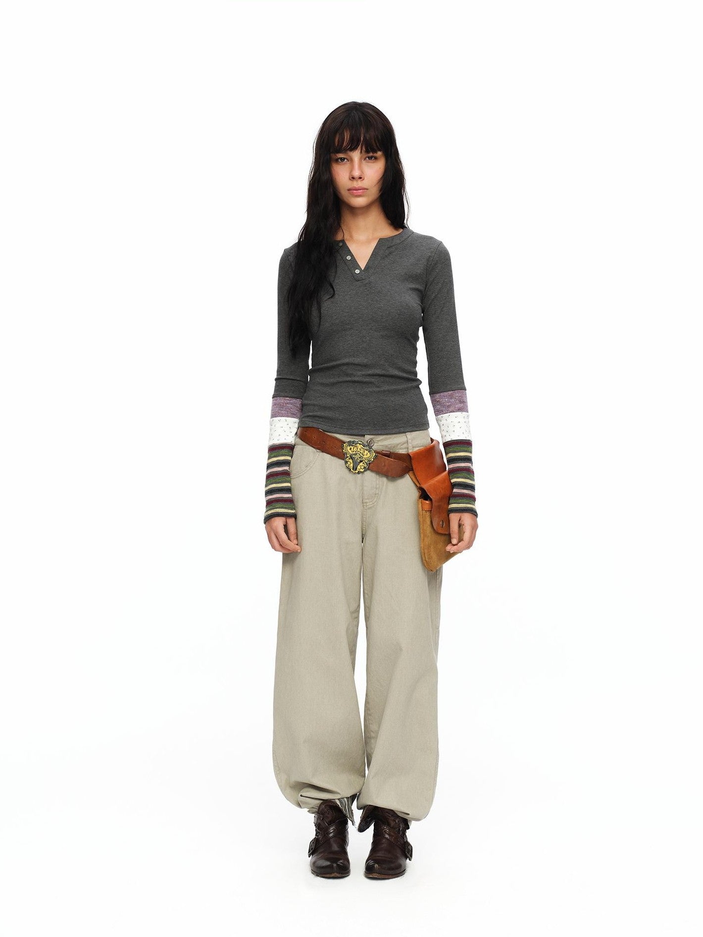 oinimi Striped Floral Patchwork Ruched Sleeves Women&