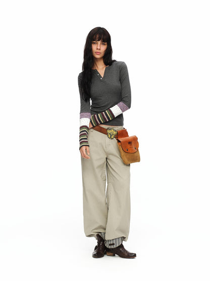 oinimi Striped Floral Patchwork Ruched Sleeves Women&