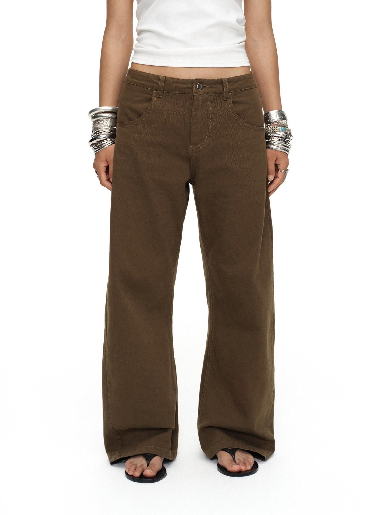 oinimi Tea Brown Low Rise Enzyme Wash Button Fly Women&