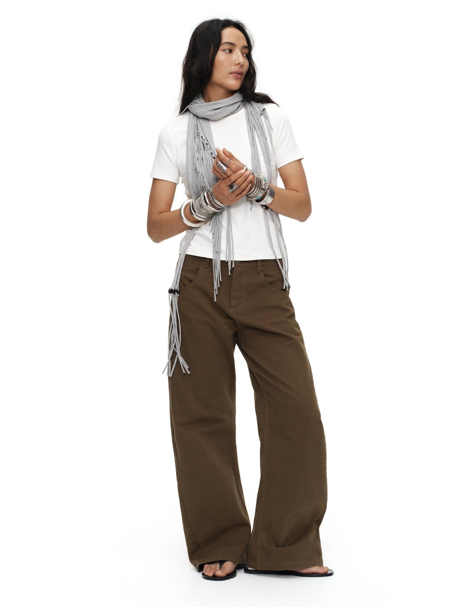 oinimi Tea Brown Low Rise Enzyme Wash Button Fly Women&
