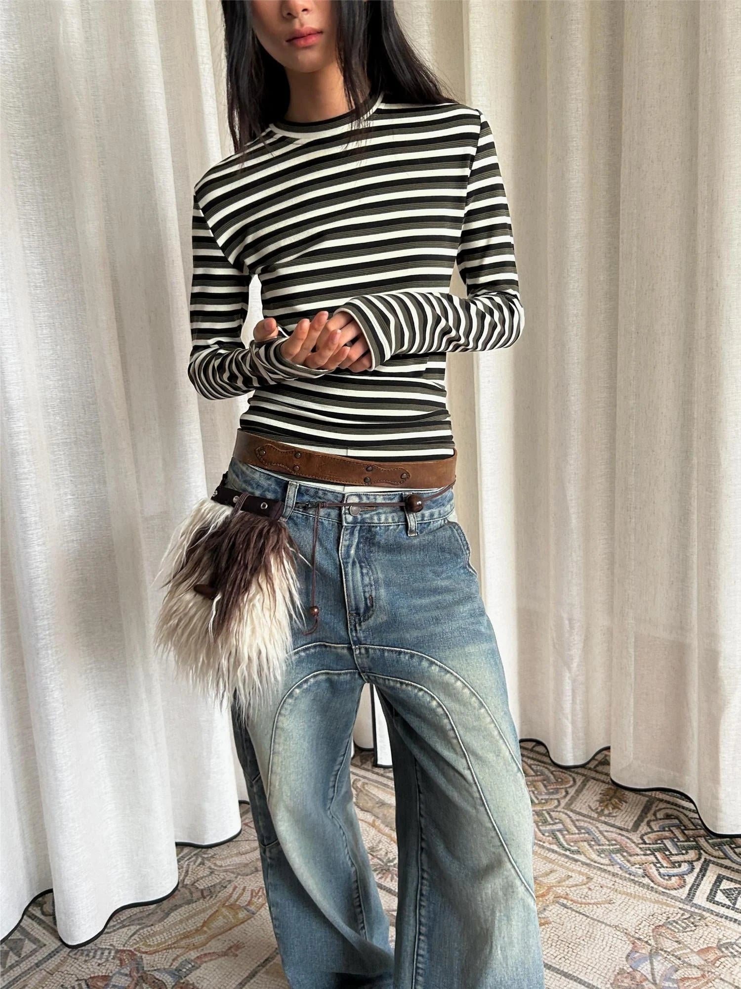 Thermal Striped Long Sleeve Round Neck T-Shirt