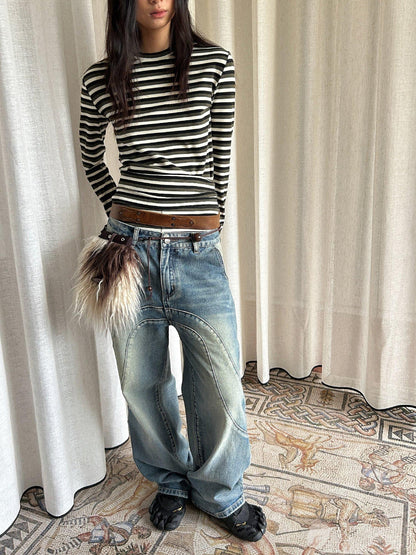 oinimi Thermal Striped Long Sleeve Round Neck T-Shirt