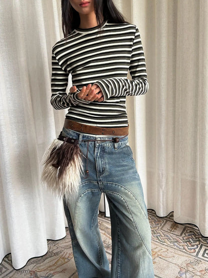 Thermal Striped Long Sleeve Round Neck T-Shirt